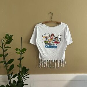 White Powerpuff Girls y2k inappropriate cropped tee with fringe Measures M-L